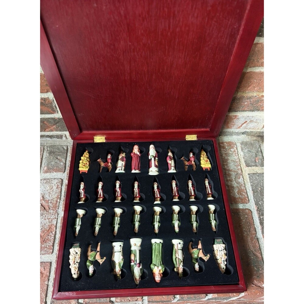 Santa Themed CHRISTMAS CHESS SET Complete 32 Pieces w/ Wood Board & Storage Box